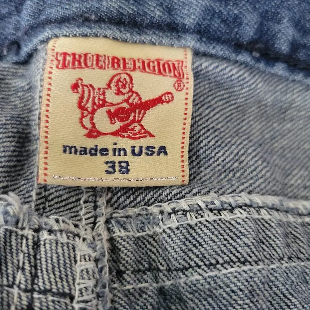 True Religion Mens Denim Shorts Sz 34 Blue‎ Jean Medium Wash Whiskers